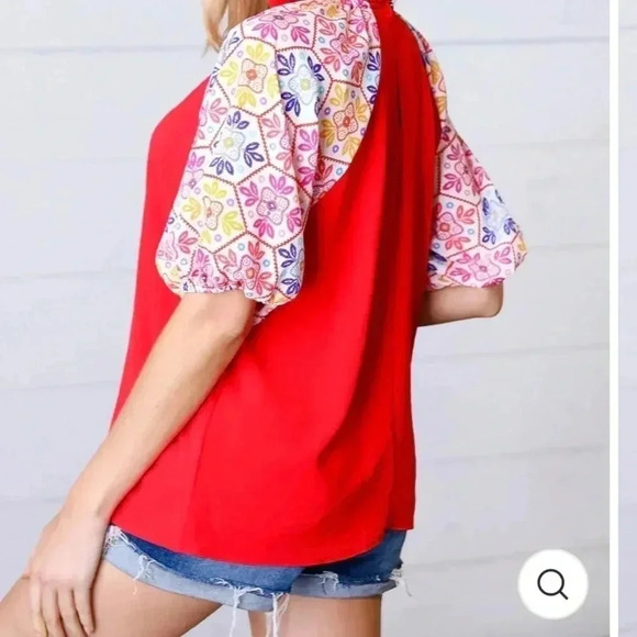 New Cardinal Red Frilled Mock Neck Floral Puff Sleeve Top Medium - Picture 2 of 6